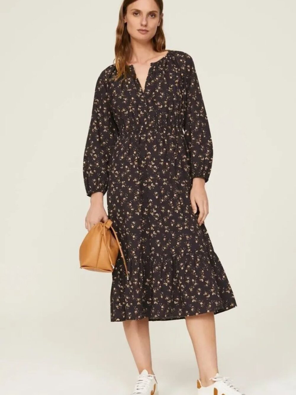 Rails Womens XS Sal Midi Dress Romantic Floral Print Puff Sleeves Ruffle Hem XS